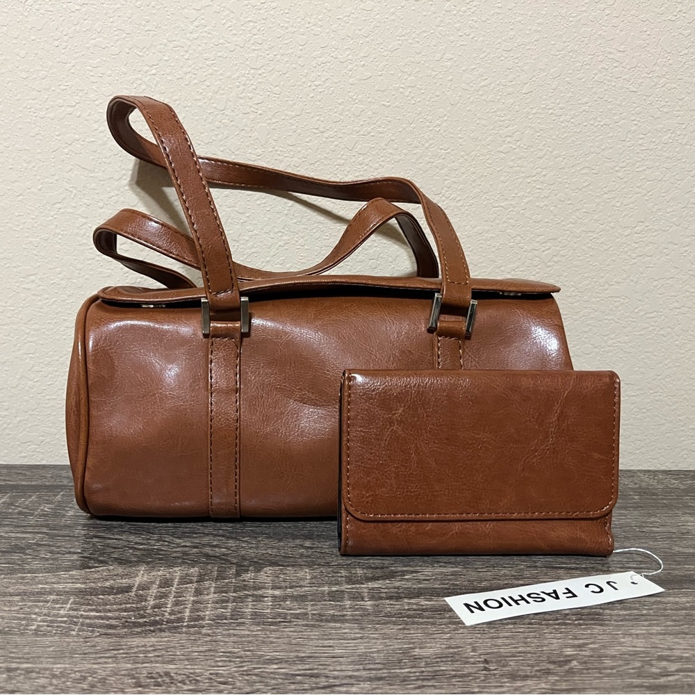 Brown Faux Leather Barrel Bag Set